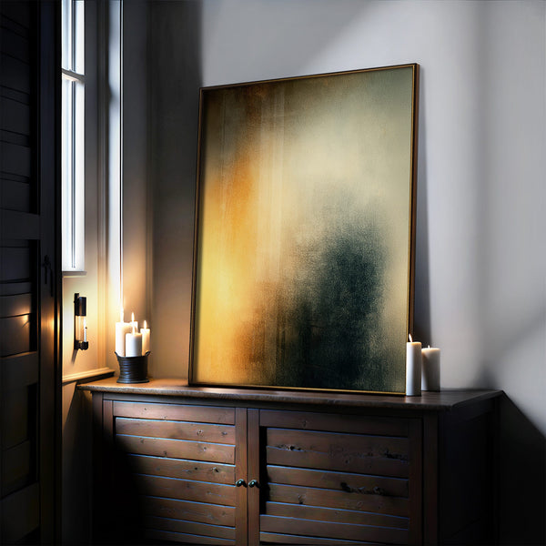 Large Copper Veil canvas with a thin dark edge leaning on a dark wooden cabinet beside candles.