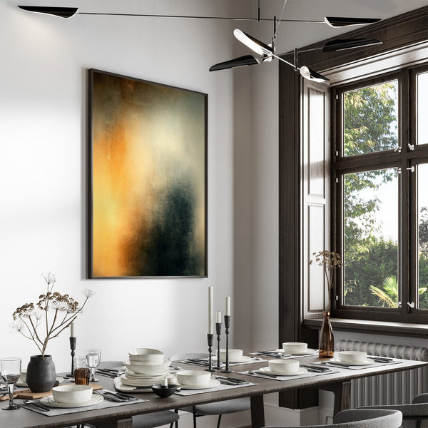 Large dark-framed Copper Veil artwork above a set dining table near tall windows.