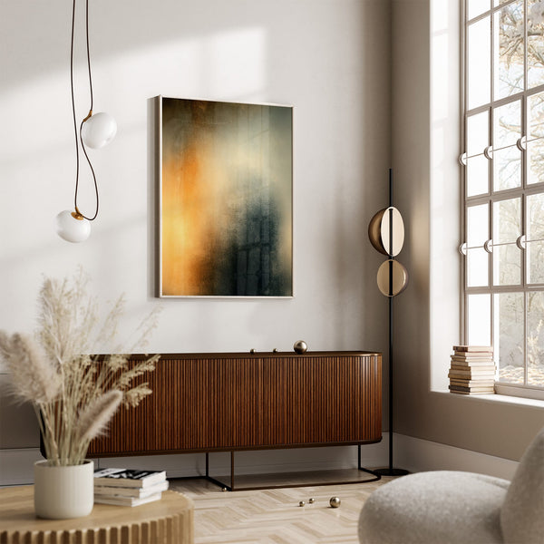 Copper Veil in a light wood frame above a slatted wood sideboard near a window.