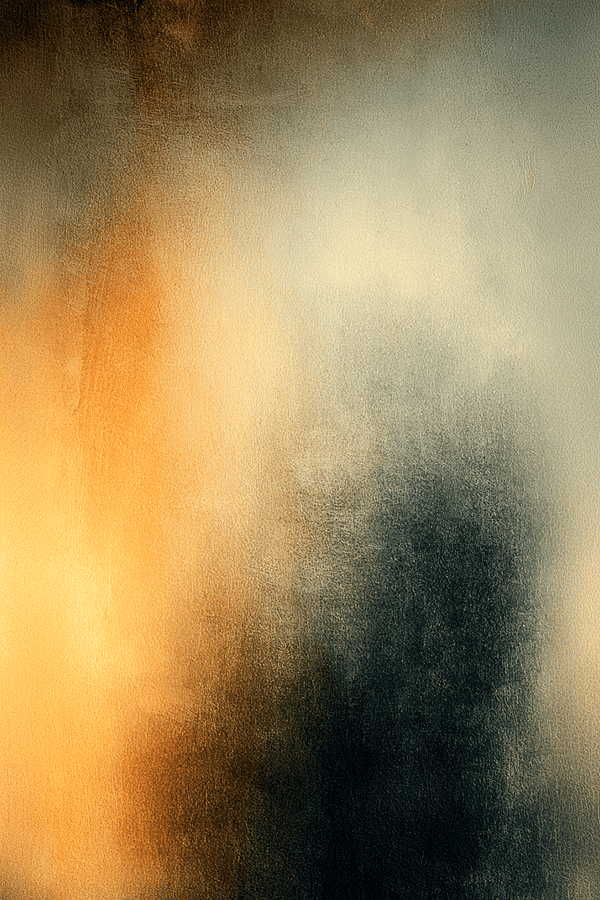 Textured abstract artwork in burnt orange, ochre, blue-grey and deep charcoal