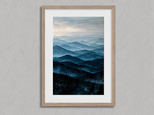 Mountian Echos shown in an oak frame with a white border or mount.
