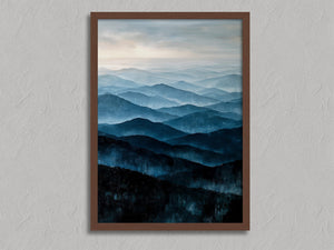 Mountian Echos shown in a walnut frame without a border or mount.