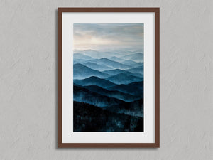 Mountian Echos shown in a walnut frame with a white border or mount.