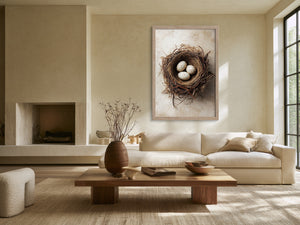 Framed bird nest artwork with three speckled eggs above a cream sofa and wooden coffee table.