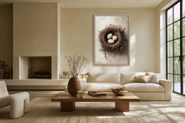 Framed bird nest artwork with three speckled eggs above a cream sofa and wooden coffee table.