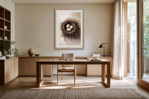 Framed bird nest artwork with three speckled eggs above a wooden desk in a home office.