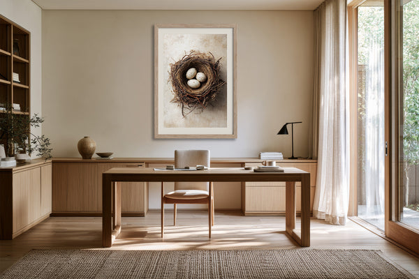Framed bird nest artwork with three speckled eggs above a wooden desk in a home office.