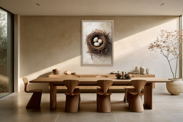 Framed bird nest artwork with three speckled eggs above a long wooden dining table.