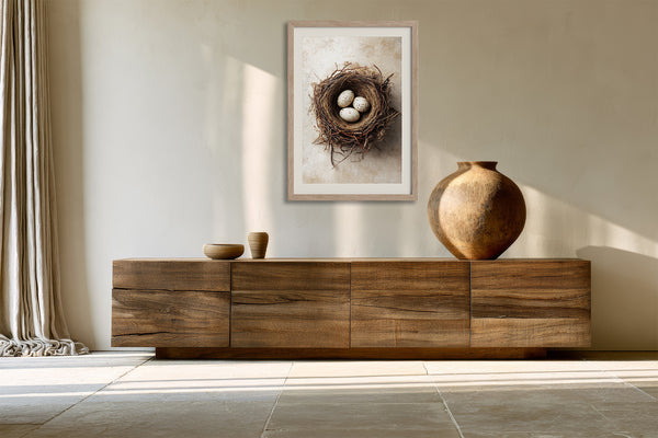 Framed bird nest artwork with three speckled eggs above a low wooden sideboard and large ceramic vase.