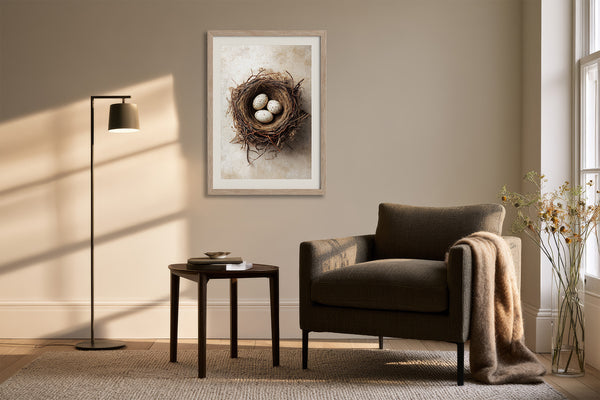 Framed bird nest artwork with three speckled eggs beside an armchair, floor lamp, and small table.