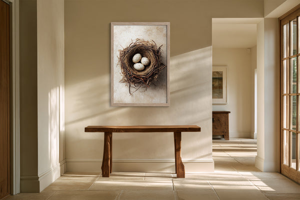 Framed bird nest artwork with three speckled eggs above a rustic wooden bench in a sunlit hallway.