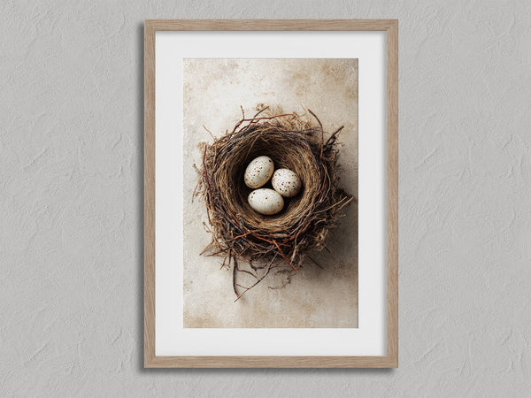 Three Small Beginnings shown in an oak frame with a white border or mount.