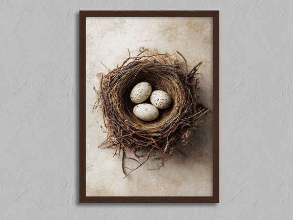 Three Small Beginnings shown in a walnut frame without a border or mount.