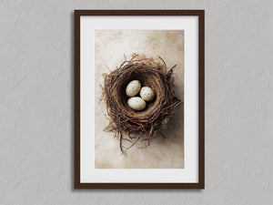 Three Small Beginnings shown in a walnut frame with a white border or mount.