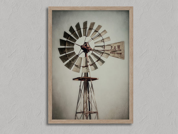 Prairie Windmill shown in an oak frame without a border or mount.