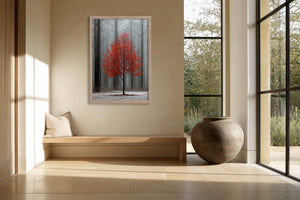 Light wood-framed red-leaved tree artwork above a built-in bench beside tall grid windows.