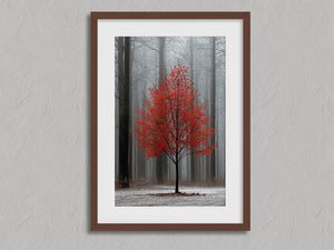 Scarlet Stillness shown in a walnut frame with a white border or mount.