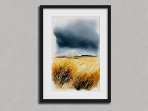 Storm over the Grasslands shown in a black frame with a white border or mount.
