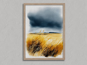 Storm over the Grasslands shown in an oak frame without a border or mount.