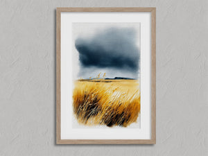 Storm over the Grasslands shown in an oak frame with a white border or mount.