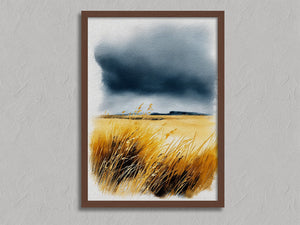 Storm over the Grasslands shown in a walnut frame without a border or mount.