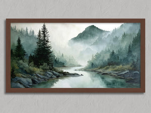 Stillwater Hollow shown in a walnut frame without a border or mount.