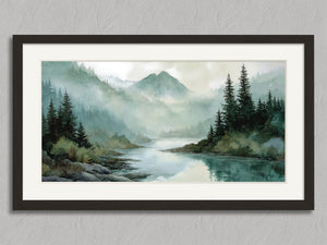 River Through the Pines shown in a black frame with a white border or mount.