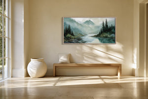 Framed mountain river watercolor above a wooden bench beside a large ceramic urn.