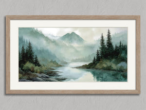 River Through the Pines shown in an oak frame with a white border or mount.