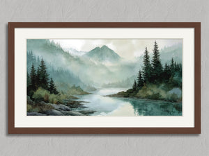River Through the Pines shown in a walnut frame with a white border or mount.
