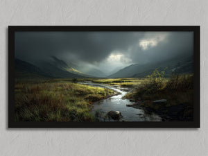Light Breaks Over the Moor shown in a black frame without a border or mount.