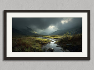 Light Breaks Over the Moor shown in a black frame with a white border or mount.