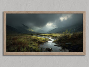 Light Breaks Over the Moor shown in an oak frame without a border or mount.