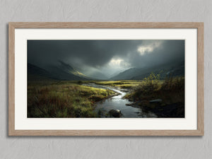 Light Breaks Over the Moor shown in an oak frame with a white border or mount.