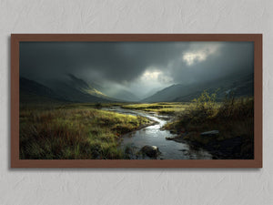 Light Breaks Over the Moor shown in a walnut frame without a border or mount.