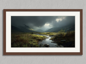 Light Breaks Over the Moor shown in a walnut frame with a white border or mount.