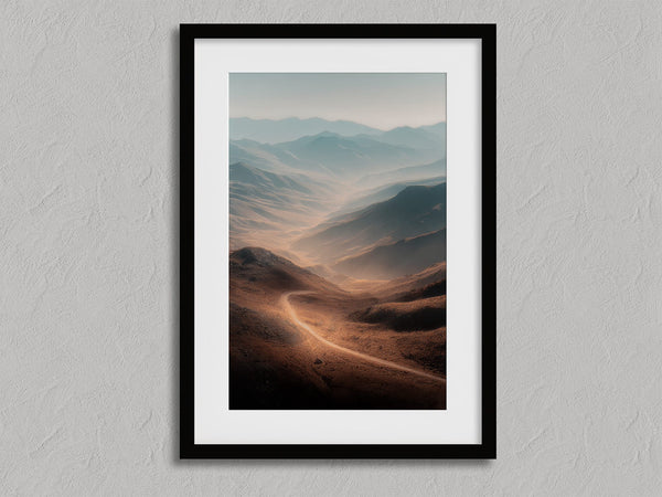 Winding Light - Desert Mountain Valley shown in a black frame with a white border or mount.