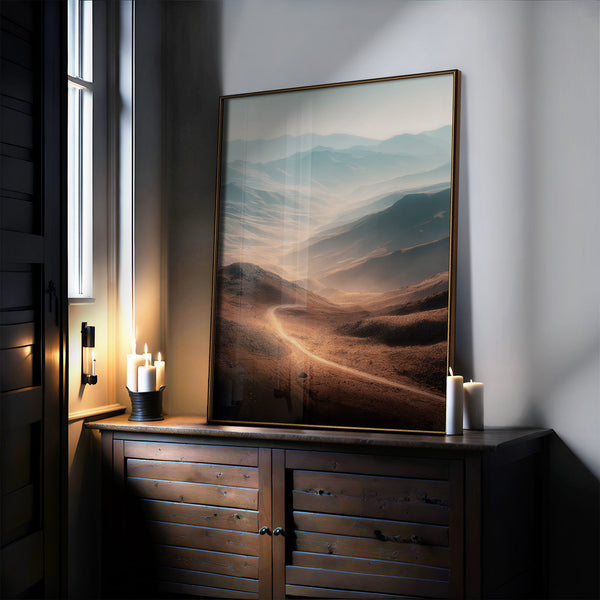 Large thin-framed mountain valley artwork leaning on a dark cabinet beside lit candles.
