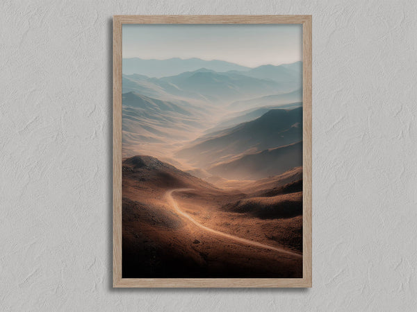 Winding Light - Desert Mountain Valley shown in an oak frame without a border or mount.