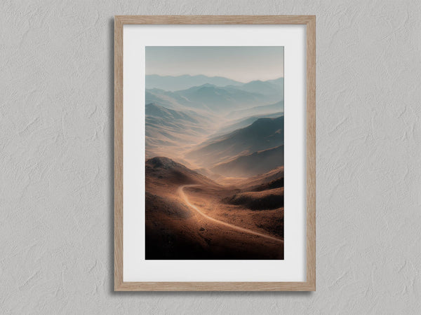 Winding Light - Desert Mountain Valley shown in an oak frame with a white border or mount.