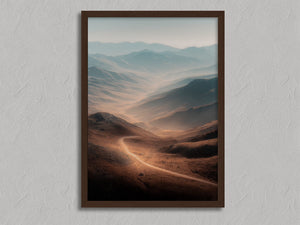 Winding Light - Desert Mountain Valley shown in a walnut frame without a border or mount.