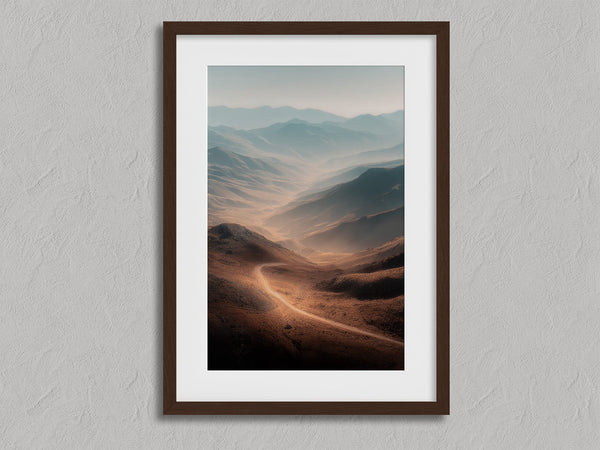 Winding Light - Desert Mountain Valley shown in a walnut frame with a white border or mount.